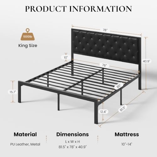 SHA CERLIN King Size Metal Bed Frame with PU Tufted Headboard, Black