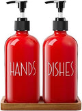 ALELION Dish Soap Dispenser for Kitchen - 16 OZ Glass Hand Soap Dispenser Set with Acacia Wood Tray - Red Kitchen Bathroom Decor and Accessories