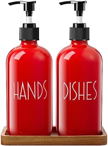 ALELION Dish Soap Dispenser for Kitchen - 16 OZ Glass Hand Soap Dispenser Set with Acacia Wood Tray - Red Kitchen Bathroom Decor and Accessories