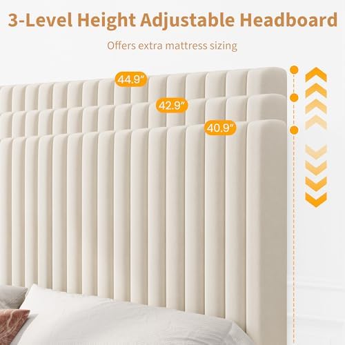 Queen Bed Frame with Adjustable Headboard, Velvet Upholstered Platform Bed