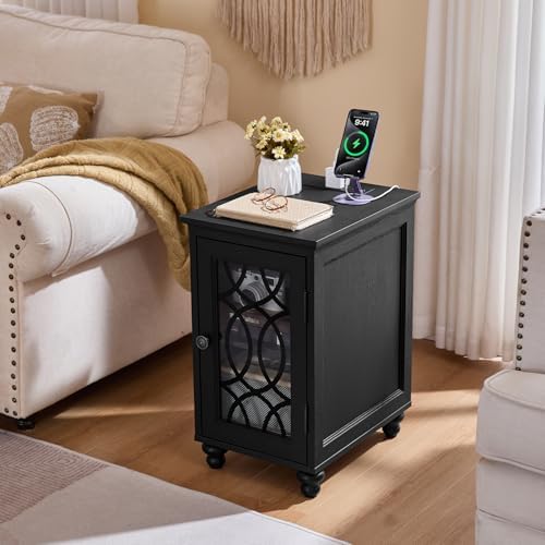 Joaxswe Narrow Side Table Set 2 with Charger, Glass Door Storage