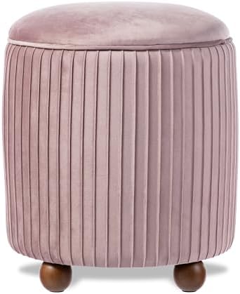 Glitzhome Round Ottoman with Storage, Pleated Velvet Small Foot Stool, Modern Accent Stool Upholstered Vanity Stool with Rubberwood Ball Feet for Bedroom Living Room Dorm Room, Dusty Pink