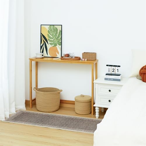 Bamboo Narrow Console Table, 39.4"(L) Wood Small Entryway Table, Accent Slim Hallway Tables, Thin Sofa Side Tables for Hallway, Living Room, Bedroom, Foyer, Burlywood