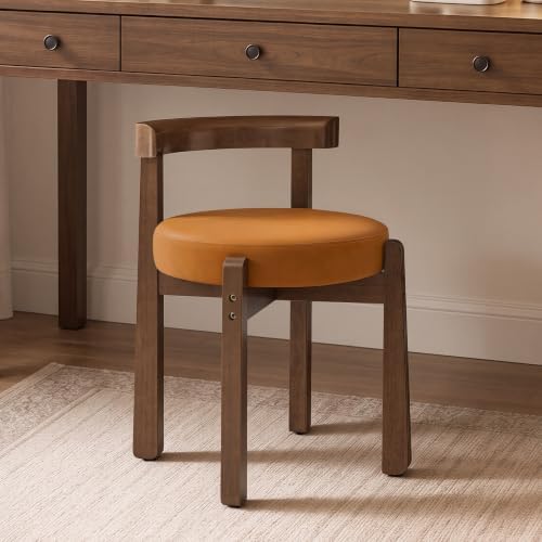 LUE BONA Wood Vanity Chair Stool with Back, Mid-Century Makeup Bench, Brown