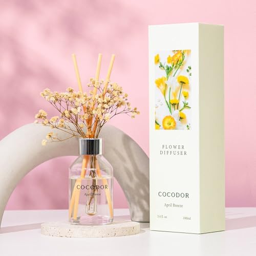COCODOR Flower Reed Diffuser Set / 3.4oz / April Breeze/Scent Diffuser with Sticks Home Fragrance Reed Diffuser for Bathroom Shelf Decor