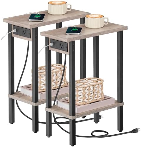 HOOBRO Narrow Side Tables, Set of 2, 2-Tier Slim End Tables with Charging Station, Skinny Nightstands with Open Storage, for Small Spaces, Living Room, Bedroom, Study,Greige and Black BG240UBZP201