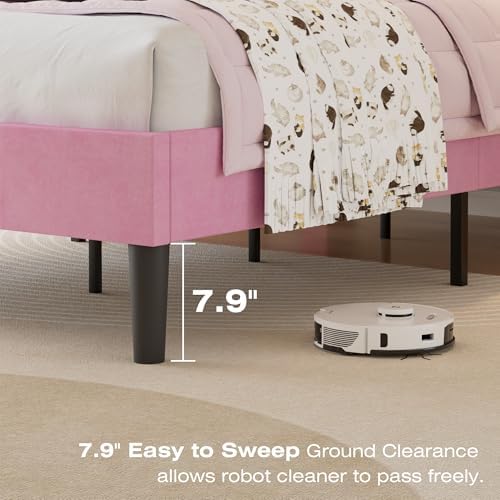 VECELO Twin Size Bed Frame with Upholstered Headboard, Velvet & Pink