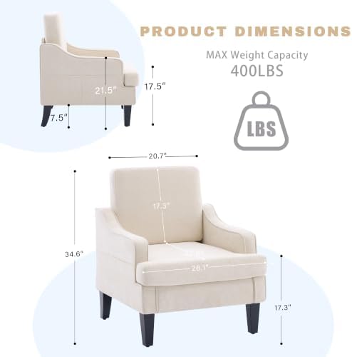 Accent Chair for Living Room,Mid-Century Arm Chair Fabric Living Room Chairs,Upholstered Reading Chair for Bedroom,Single Sofa Chair with Wood Legs for Apartment (Beige)