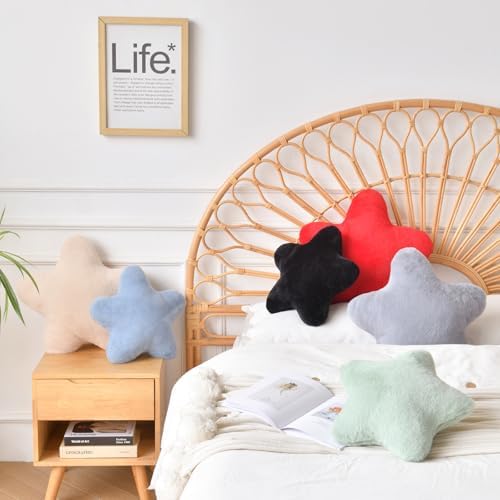 Star Pillow, Decorative Throw Pillows for Bed Couch, 15" Star Shaped Pillow Plush Floor Cushions Room Decor Pillow with Faux Rabbit Fur for Sofa Bedroom Living Room (Red, 19.6" x 19.6")