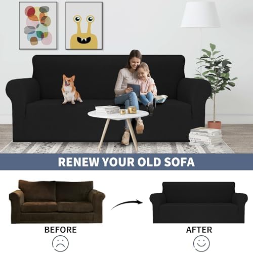 JIVINER Stretch Sofa Covers 1 Piece Couch Covers for 3 Cushion Couch Sofa, 3 Seater Sofa Slipcovers Furniture Protector with Elastic Bottom for Kids, Pets (Black, Sofa)
