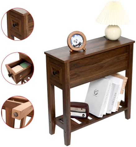 2 Pack Chairside Narrow End Table with Drawer, Solid Recliner Side Table with Storage Shelf, Slim Nightstand Bedside Table for Bedroom