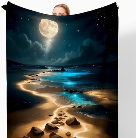 Full Moonlight Coastal Throw Blanket for Couch, Gifts for Beach Lovers, Mystical Celestial Ocean Throw Blanket for Home Bedroom Living Room Beach House Decoration, 50x60 Inches