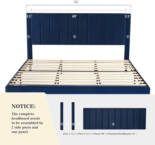 Allewie King Platform Bed Frame/Velvet Upholstered Bed Frame with Vertical Channel Tufted Headboard/Strong Wooden Slats/Mattress Foundation/Box Spring Optional/Easy Assembly/Navy Blue