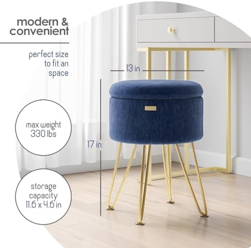 Round Ottoman with Storage, Textured Velvet Storage Ottoman, Foot Stool Ottomans, Makeup Vanity Stool, Small Ottomans Foot Rest, Modern Vanity Stools for Living Room and Bedroom, Blue