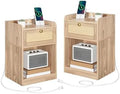 CHOEZON Rattan Nightstands Set of 2 with Charging Station, Boho Nightstand, Rattan Bedside Tables with Drawer, Storage Side Table with 2 USB Ports, Bedroom, Natural MBZ01UP2WO