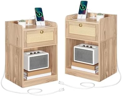 CHOEZON Rattan Nightstands Set of 2 with Charging Station, Boho Nightstand, Rattan Bedside Tables with Drawer, Storage Side Table with 2 USB Ports, Bedroom, Natural MBZ01UP2WO