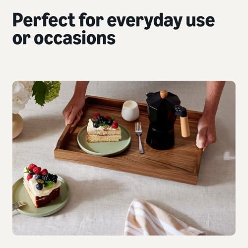 Amazon Basics Wooden Serving Tray, 17" x 12" Acacia Wood Decorative Tray Platter With Built-in Handles for Breakfast in Bed, Food & Drinks, Entertaining, Coffee Table & Ottoman