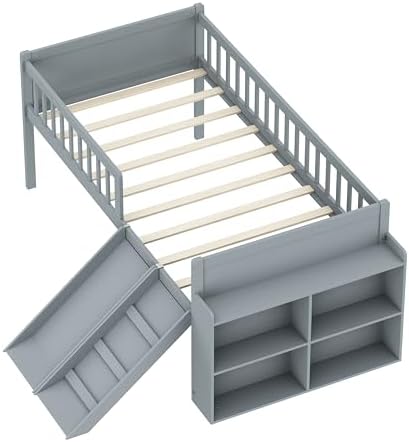 SOFTSEA Twin Size Low Loft Bed with Slide and Guardrails, Wood Loft Bed Frame with Storage Shelves for Kids, Gray
