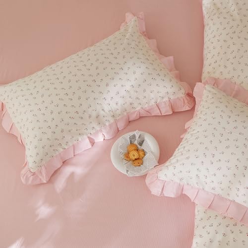 Romantic Pink Floral Duvet Cover Set Full, 100% Cotton Ruffle Lace Bedding Set, Coquette Botanical Flower Comforter Cover with 2 Pillowcases, Soft Aesthetic Princess Bedding for Women Teen Girls