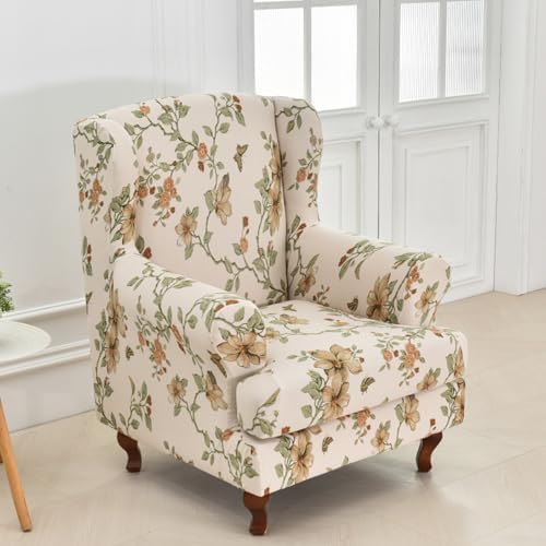 HAOYONG Wing Chair Slipcovers Stretch Wingback Chair Covers Printed 2 Pieces Wingback Armchair Slipcover Elastic Chair Slip Covers Washable Armchair Protector Cover for Living Room and Bedroom