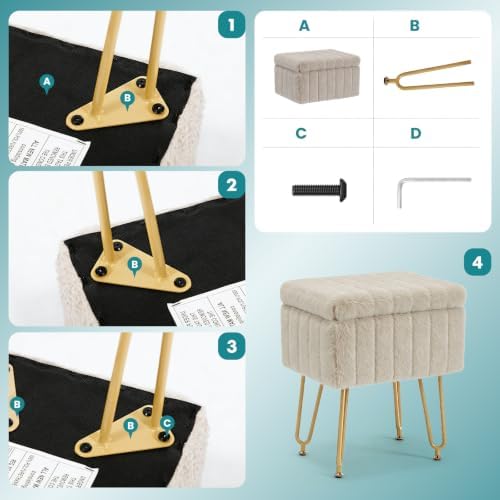 DUMOS Vanity Stool Chair, Ottoman with Storage, Makeup Cute Soft Small Footstool, Modern Style Faux Fur Seat with 4 Metal Legs & Adjustable Feet for Dressing, Living Room Bedroom Dorm, Taupe