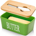 Ceramic Butter Dish with Lid and Knife & Silicone Seal for Countertop Green