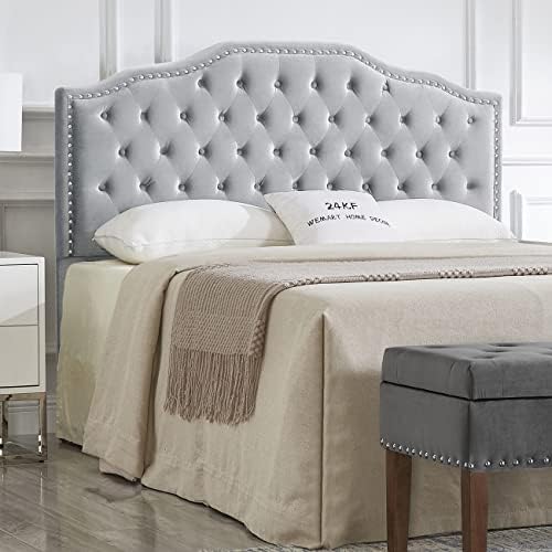 24KF Upholstered Button Tufted Queen/Full Size Headboard with Nailhead Trim, Soft Velvet Fabric Headboard - Gray