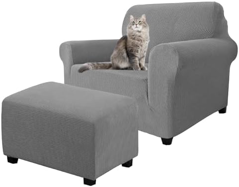 2 Piece Stretch Chair and Ottoman Cover Set, Jacquard Accent Armchair and Foot Stool Slip Cover, Non-Slip Slipcover for Chair with Footrest (Light Gray,2 Pieces Set)