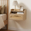 Afuly Floating Nightstand with Drawer Oak Rattan Bedside Table Wall Mounted