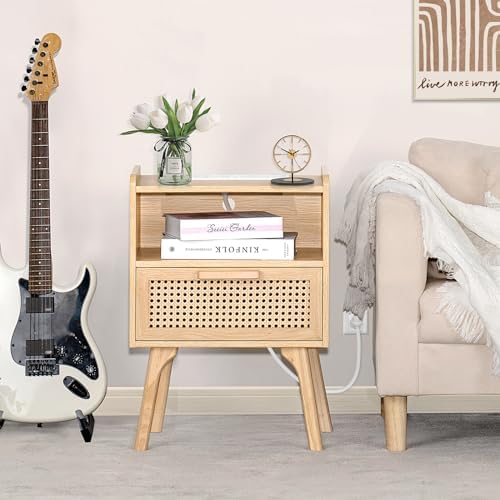 Lerliuo Rattan Nightstands Set of 2 with Charging Station, Boho Side Table with Drawer Open Shelf, Cane Accent Bedside End Table with Solid Wood Legs for Bedroom, Dorm and Small Spaces (Natural)