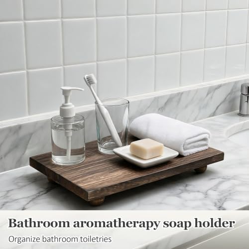 12x7 Inch Dark Brown Wood Pedestal Stand, Classic Farmhouse Counter Riser, Multi-Purpose Kitchen Soap Dispenser Tray for Bathroom, Plant, Candle, Vase & Coffee Bar Decor