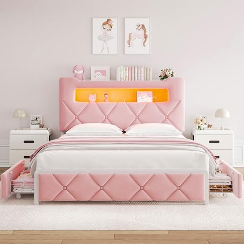 Full Upholstered LED Bed Frame with 2 Storage Drawers and 2-Tier Storage Headboard, Velvet Princess Platform Bed with Charging Station & Bookcase, Heavy Duty Metal Support, No Box Spring Needed, Pink