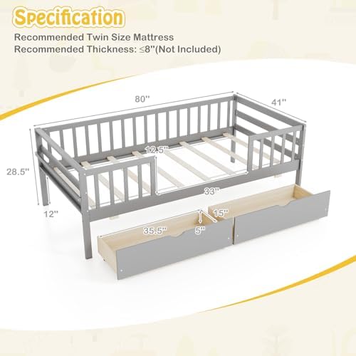KOMFOTT Wood Twin Bed Frame with Fence Rails & 2 Pull-Out Drawers, Kids Twin Bed Frame with Side Shelf, No Box Spring Needed Solid Wood Slats Supported Daybed for Children & Teens (Grey)