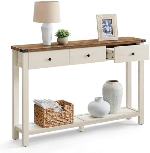 VASAGLE 47.2" Narrow Console Table with 3 Drawers and Open Storage Shelf