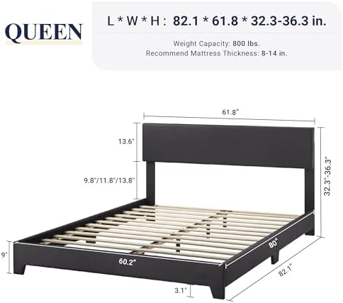 Allewie Queen Size Faux Leather Bed Frame, Adjustable Headboard, Black