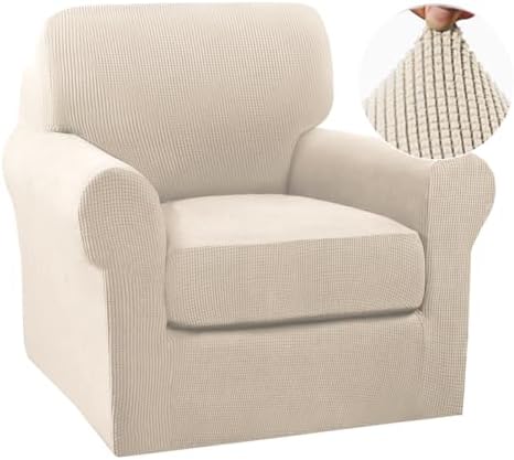 Turquoize 2 Piece Chair Covers Chair Slipcovers for Living Room Small Armchair Cover with Arms Washable Furniture Cover for Chairs Feature Thick Jacquard Fabric (Small Armchair, Biscotti Beige)
