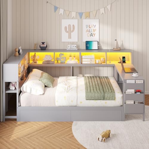 DICTAC Twin Corner Bed Frame with Desk and Storage Bookcase, Twin Size Platform Bed Frame with 4 Storage Drawers,Charging Station and LED Lights,Modern Daybed for Kids and Teen with Drawers,Grey