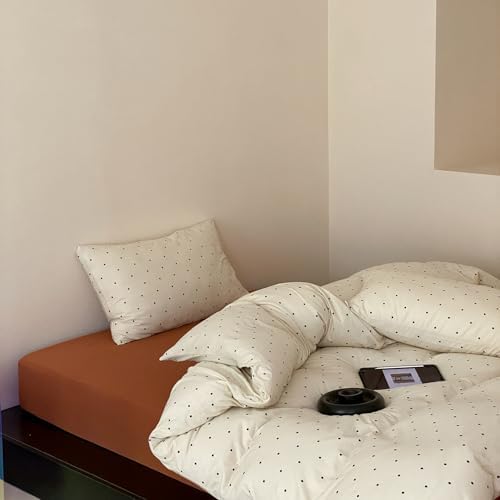 Polka Dot Full Duvet Cover, 3 Piece 100% Cotton Jersey Knit Beige Comforter Cover, Soft Vintage Aesthetic Minimalist Bedding Set with Zipper & Corner Ties