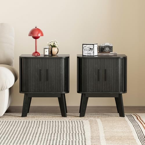 Nightstand Set of 2 with Sliding Roller Shutter Doors&Solid Wood Legs,Black