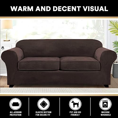 PrinceDeco Couch Cover Velvet Plush Sofa Covers for 2 Cushion Couch Width Up to 90 Inch Washable Furniture Protector Pet Friendly No Slip Sofa Slipcover(Medium-Large, Brown)