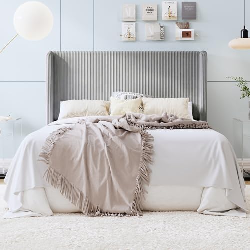 SHA CERLIN Full Corduroy Platform Bed with Tufted Wingback Headboard, Grey