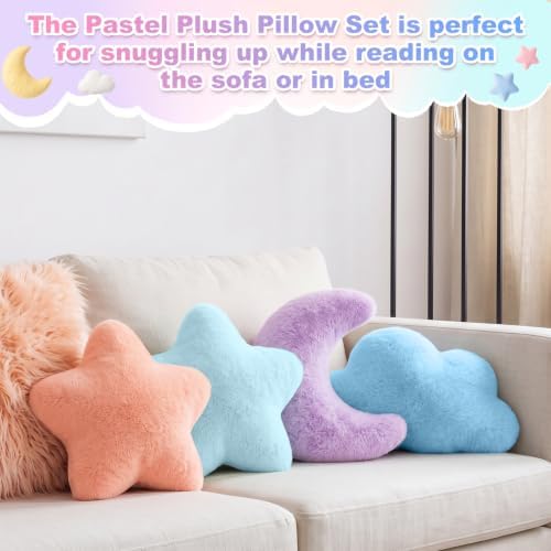 4 Pcs Plush Cloud Star Moon Throw Pillow Set, Purple, Blue, Mint, Orange
