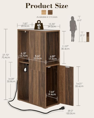 Narrow Nightstand, 7.9" Wood Nightstands with Fluted Door,Walnut
