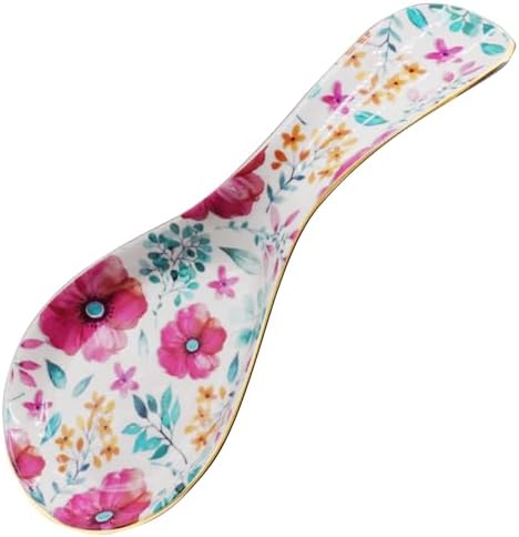 Ceramic Spoon Rest for Stove Top Kitchen Counter Large Spoon Holder Farmhouse Floral Flowers Print Coffee Spoon Cooking Utensil Tools Rest Modern Kitchen Decor