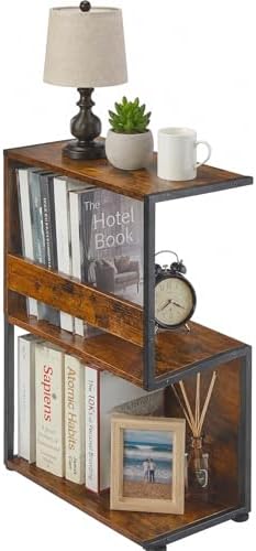 Narrow End Table for Small Spaces - Slim Side Table, S Shape Design Narrow End Tables Living Room,Skinny Bedroom Nightstand Thin Side Magazine Bookshelf (Rustic Brown)