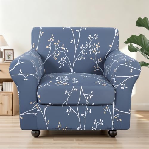 SearchI Stretch Sofa Cover Printed Couch Covers, Floral Pattern 2 Piece Armchair Slipcover with Separate Chair Cushion Cover, Washable Furniture Protector for Living Room(Armchair, Gray Blue)