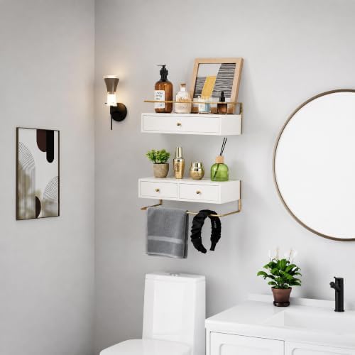 Floating Shelves With Drawers Set of 2, Wall Mounted Storage for Bathroom
