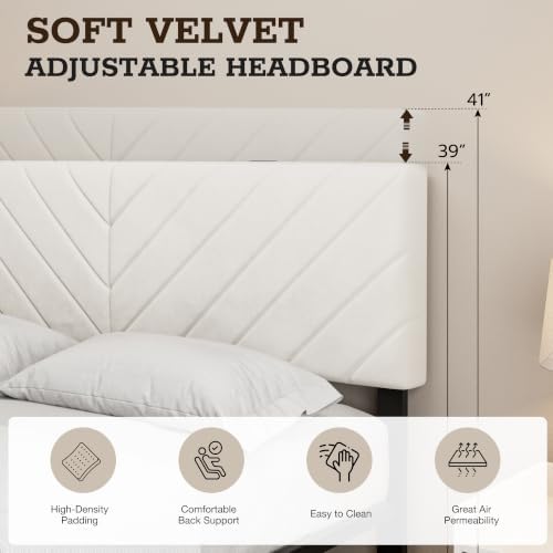 Queen Bed Frame with Adjustable Headboard, White Velvet Upholstered