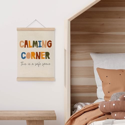 MAQIKA Calming Corner Mental Health Poster Framed with Wood Hanger, Therapy Office Hanging Wall Decor, Safe Space Sign Canvas Wall Art Paints for Therapy School Counselor Office Classroom, 12x16 Inch