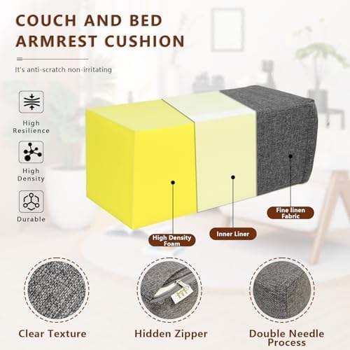 2 Pack Couch Arm Rest Pillow, 8''x8''x20'' Linen Cover, High Density Foam Armrest Cushion, Removable & Washable Elbow Support for Sofa, Bed, and Armchair (Dark Grey)